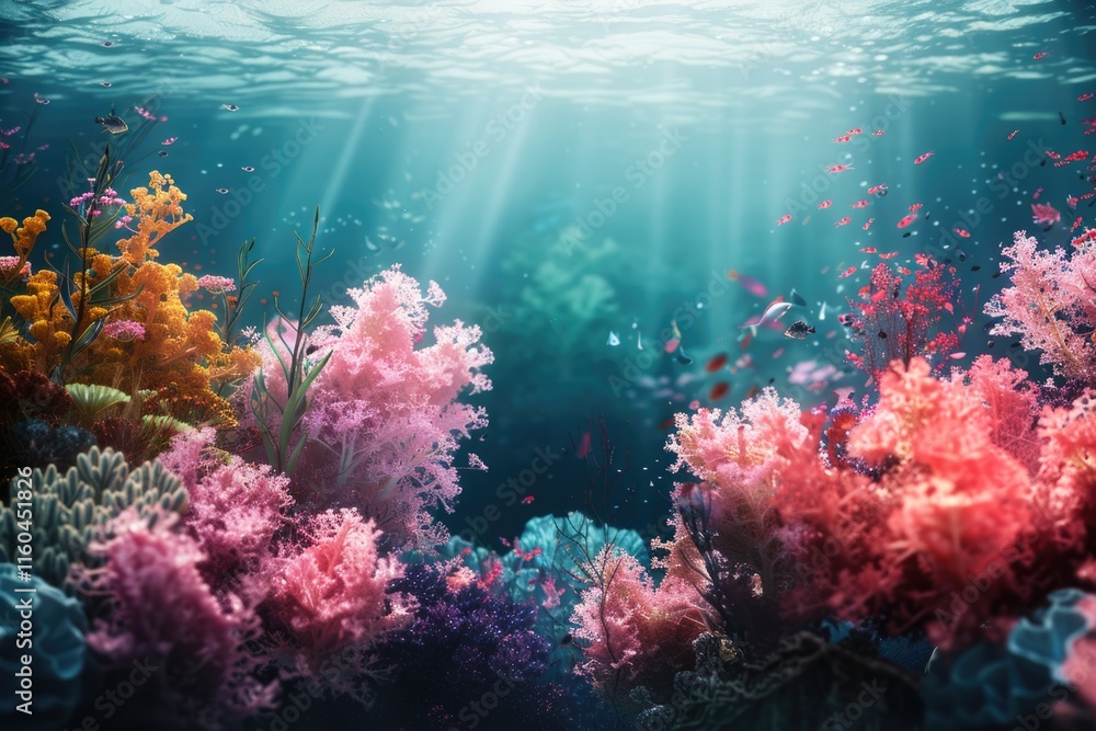 Fototapeta premium Flower sea living coral and reef color under deep dark water of sea ocean environment.