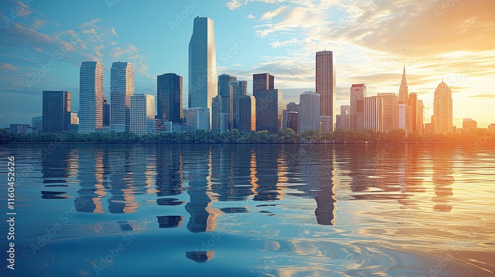 Fototapeta premium A vibrant city skyline reflected in calm water during sunset.