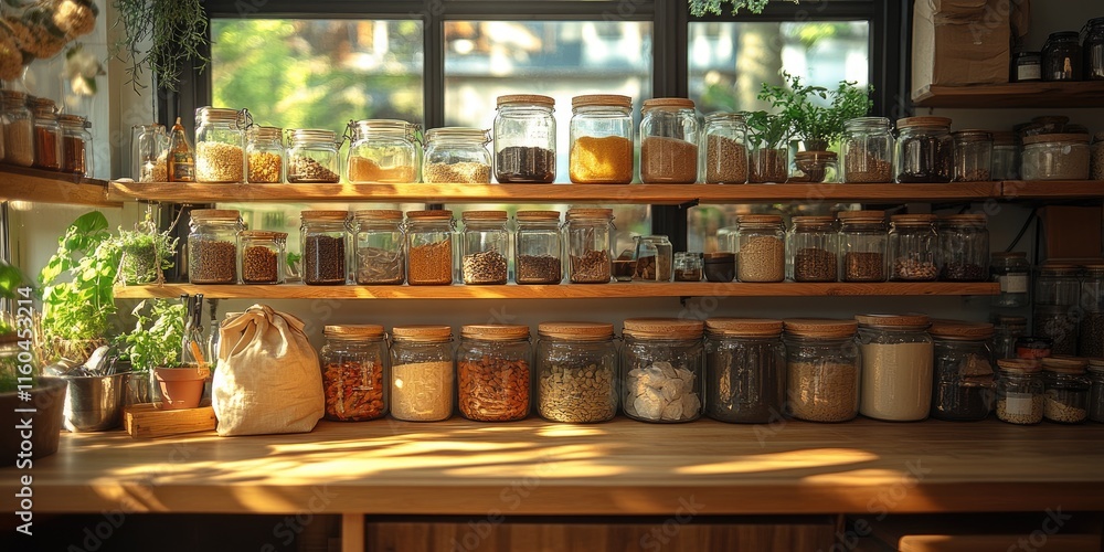 Sunlit kitchen with shelves filled with various jars of dried goods and wooden accents. Sunlit kitchen with shelves filled with various jars of dried goods and wooden accents.