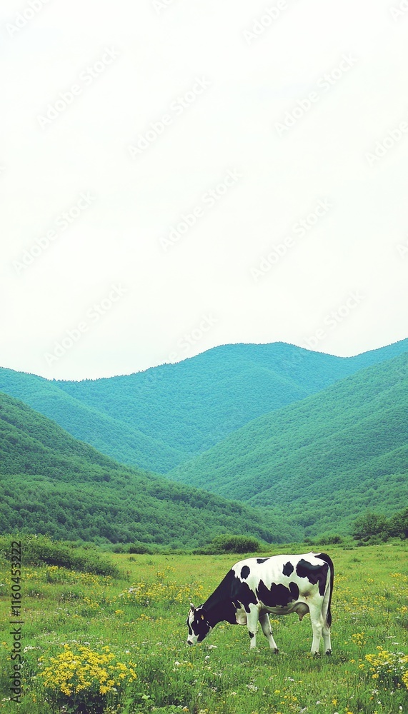 Obraz premium A cow grazes in a lush green valley surrounded by rolling hills.