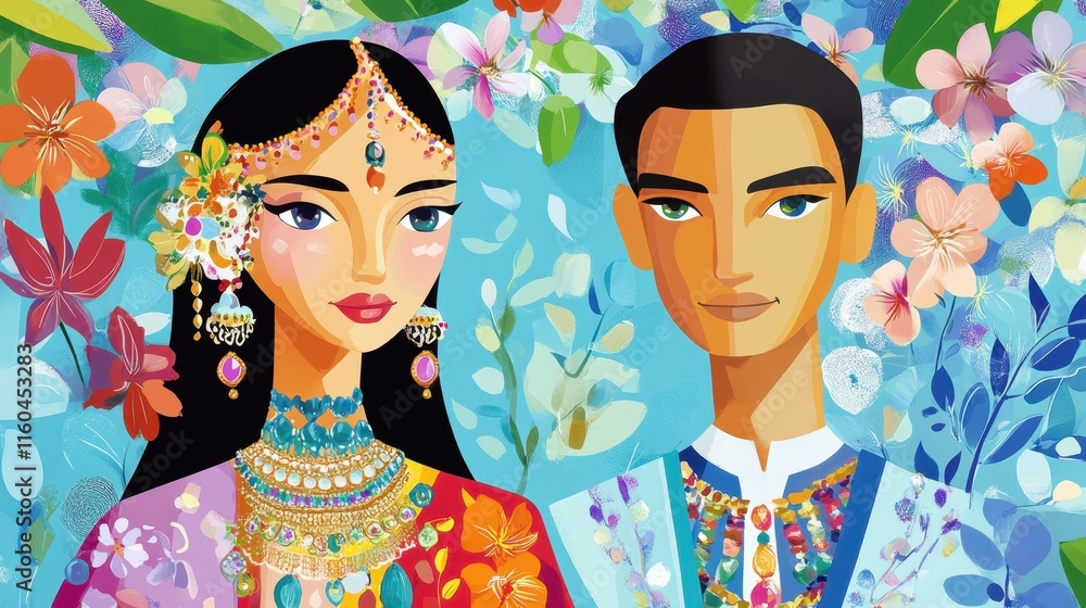 Fototapeta premium Vibrant Couple in Traditional Attire Surrounded by Colorful Flora