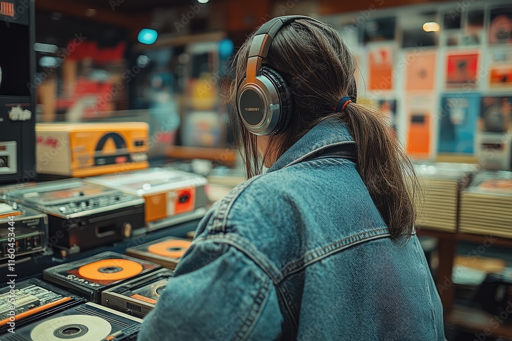 © sergign - Back view of person wearing headphones looking at vinyl records in an atmospheric vintage record store. © sergign - Back view of person wearing headphones looking at vinyl records in an atmospheric vintage record store.