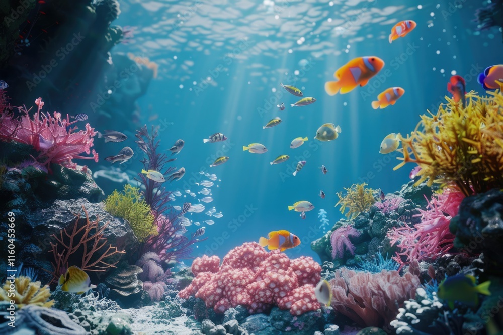Naklejka premium underwater coral reef landscape background in the deep blue ocean with colorful fish and marine life
