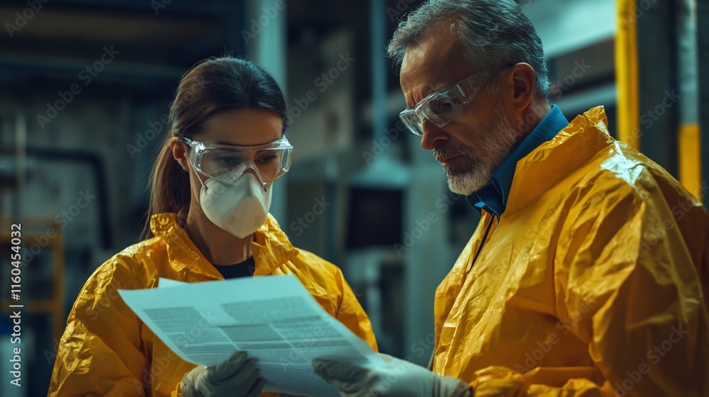 Two scientists in protective suits reviewing documents. Two scientists in protective suits reviewing documents.