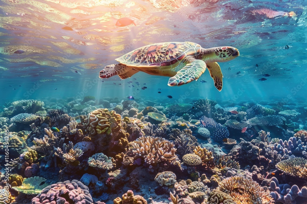 Fototapeta premium Underwater wildlife adventures in Maldives with sea turtle and coral reef.