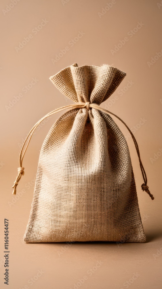 Handmade hemp drawstring pouch mockup on wooden surface for eco-conscious packaging. Handmade hemp drawstring pouch mockup on wooden surface for eco-conscious packaging.