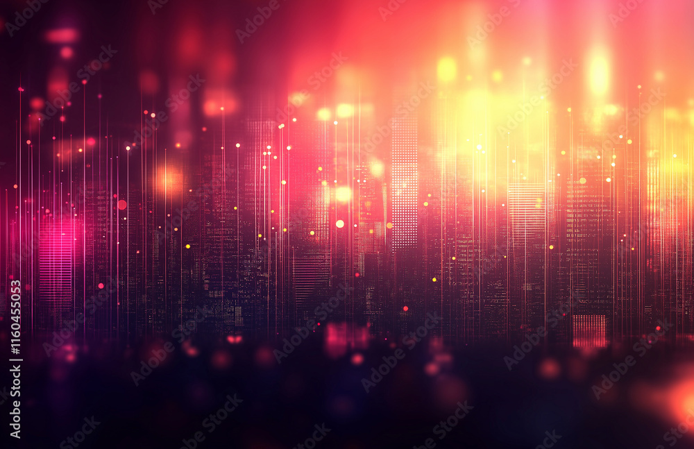 Abstract cityscape background featuring bokeh lights and glowing neon effects on a dark red gradient. Blurry digital city elements with pixel patterns create a vibrant, high-resolution design Abstract cityscape background featuring bokeh lights and glowing neon effects on a dark red gradient. Blurry digital city elements with pixel patterns create a vibrant, high-resolution design