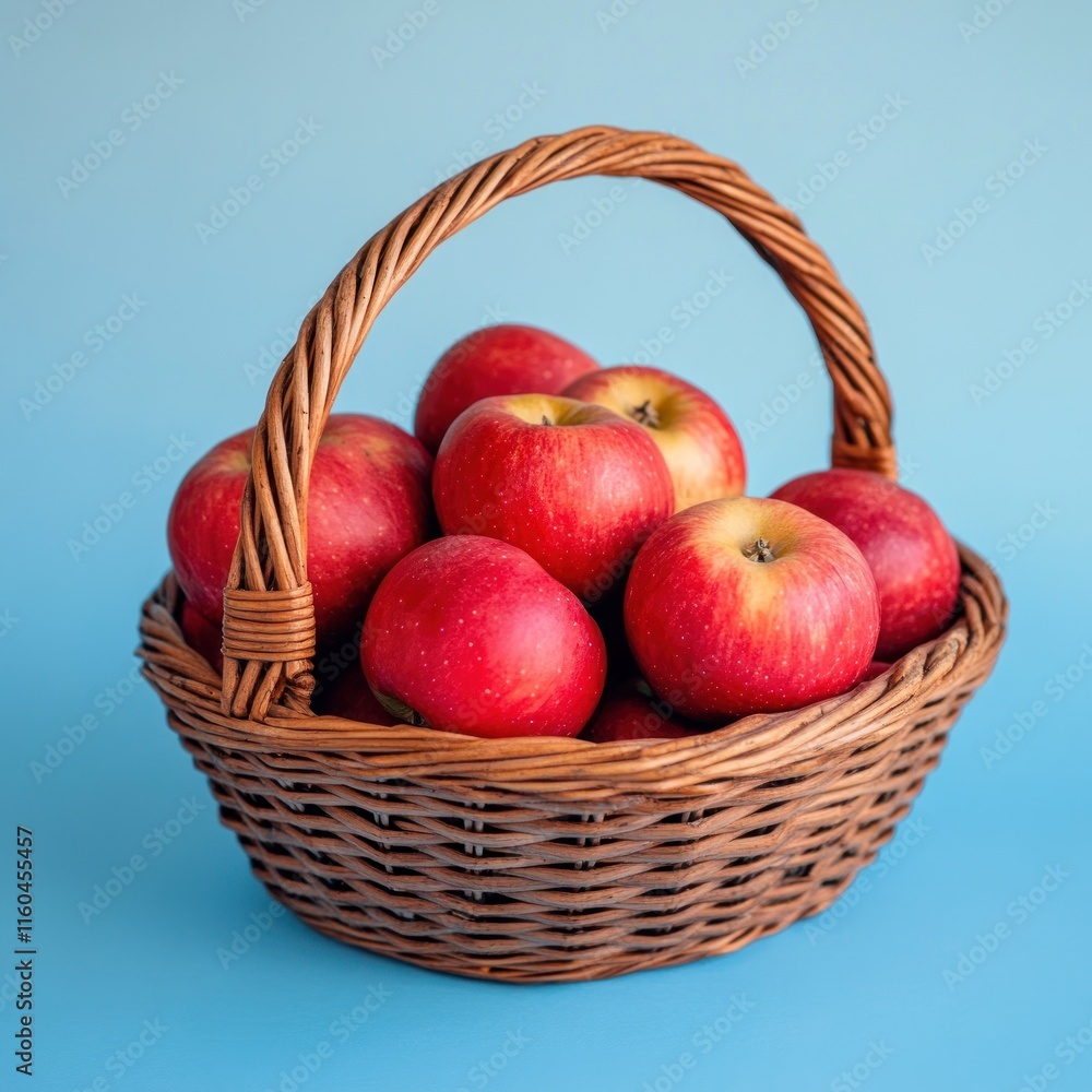Red apples in a wicker basket on a blue background. (1) Red apples in a wicker basket on a blue background. (1)