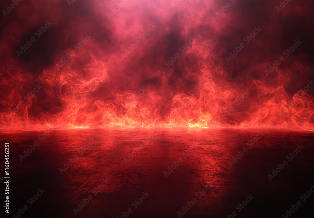 Naklejka premium A dramatic interplay of red light and mist against a dark background, evoking mystery and intrigue. The glowing atmosphere adds depth to this striking design.