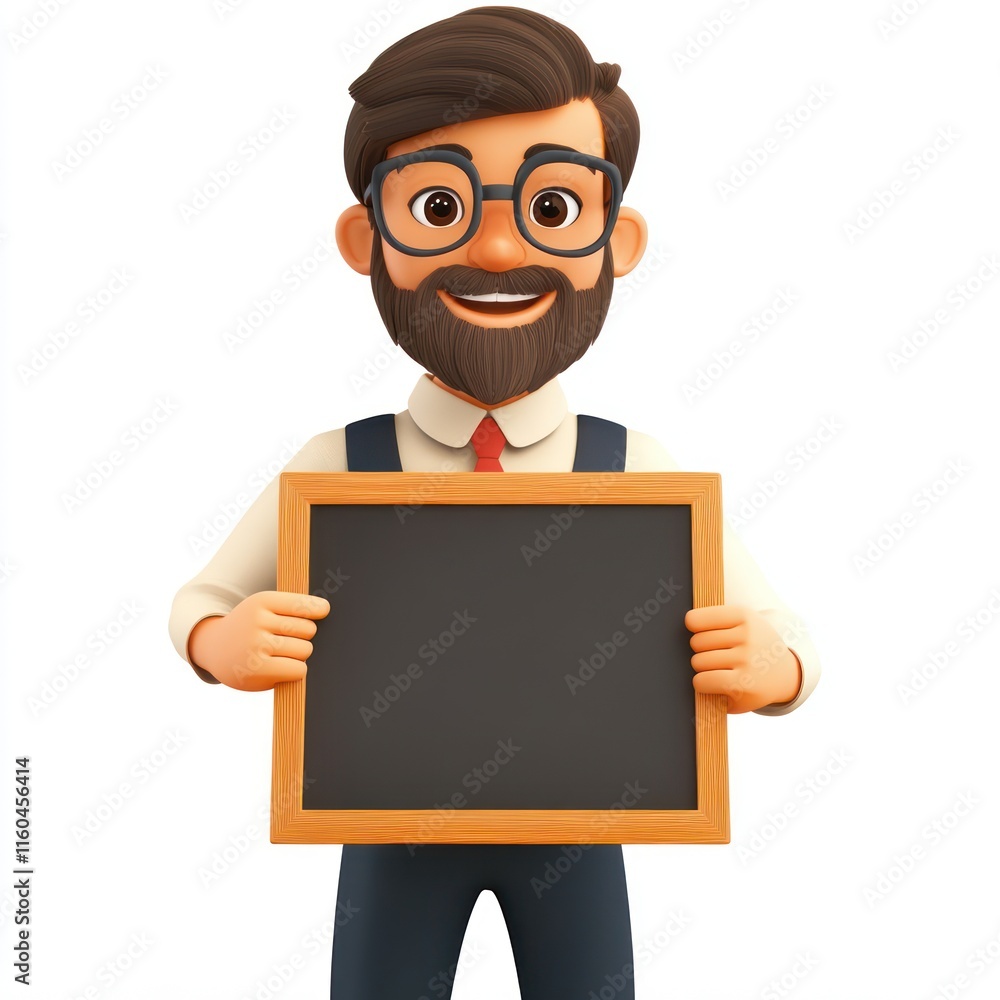 A teacher with glasses, holding a chalkboard. vector style art 3d illustration Isolated on White Background A teacher with glasses, holding a chalkboard. vector style art 3d illustration Isolated on White Background