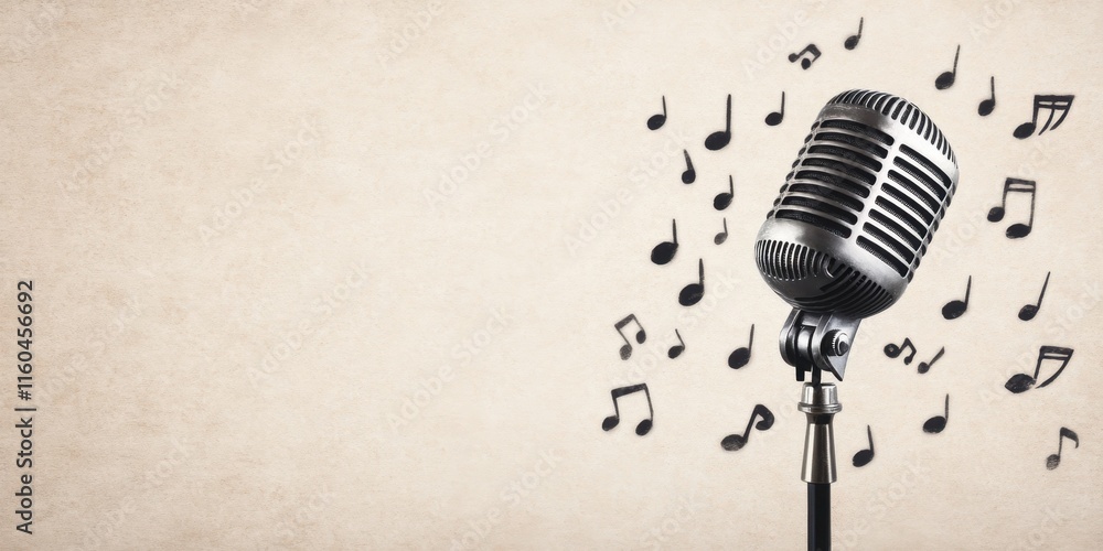 Fototapeta premium A vintage microphone surrounded by musical notes, symbolizing music, creativity, and performance.