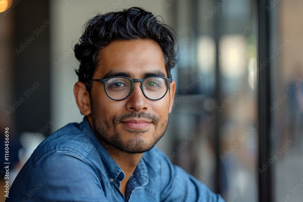 Young Man with Glasses Smiling in a Bright Indoor Space Young Man with Glasses Smiling in a Bright Indoor Space