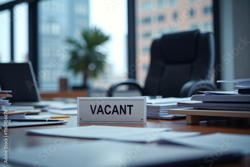 An empty seat behind a desk with a name placard written with the text word 'VACANT' in the boss's office. Concept on new hire for managerial role, employee vacancy for CEO, chairman of a company. photo