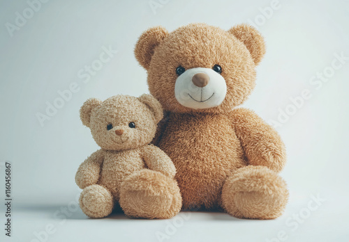 A heartwarming teddy bear cuddling its baby on a clean white backdrop, creating an endearing symbol of love and comfort.