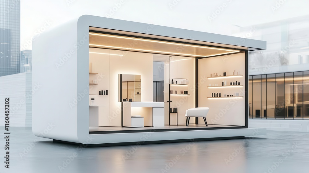 Modern white and silver container beauty shop, futuristic design, sleek accents, set in a bustling city plaza, evening glow Modern white and silver container beauty shop, futuristic design, sleek accents, set in a bustling city plaza, evening glow