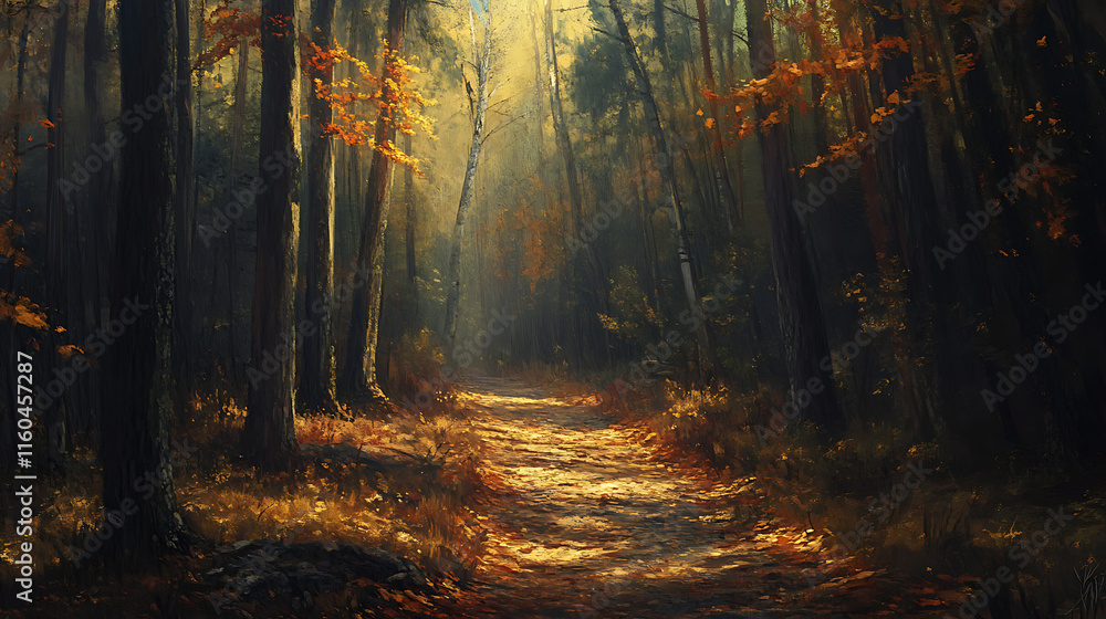 Fototapeta premium A narrow, rustic forest trail covered in golden leaves, surrounded by towering trees glowing in autumn colors under gentle sunlight 