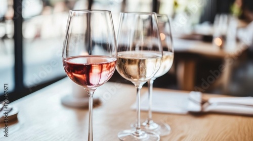 Elegant wine glasses with rose and white wine on a wooden table in a bright and modern restaurant setting, perfect for dining and celebration themes