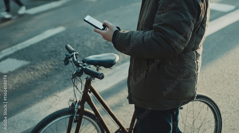 Crop an unidentified individual standing and using a smartphone while renting a bicycle on a city street along an asphalt road during the day. Crop an unidentified individual standing and using a smartphone while renting a bicycle on a city street along an asphalt road during the day.
