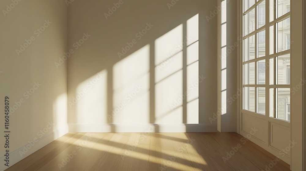 Super-detailed 3D rendering of an empty, bright minimalist room, featuring a clean white wall and light wooden floor. Window light casts intricate shadows, creating a calm interior scene. Super-detailed 3D rendering of an empty, bright minimalist room, featuring a clean white wall and light wooden floor. Window light casts intricate shadows, creating a calm interior scene.