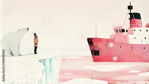 Polar Bear and Man Watching Icebreaker Ship, Adventure Concept