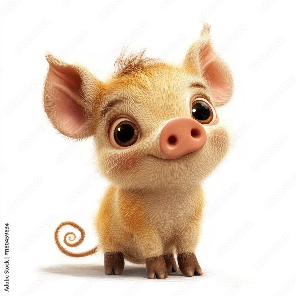 A tiny piglet with a curly tail. vector style art 3d illustration Isolated on White Background A tiny piglet with a curly tail. vector style art 3d illustration Isolated on White Background