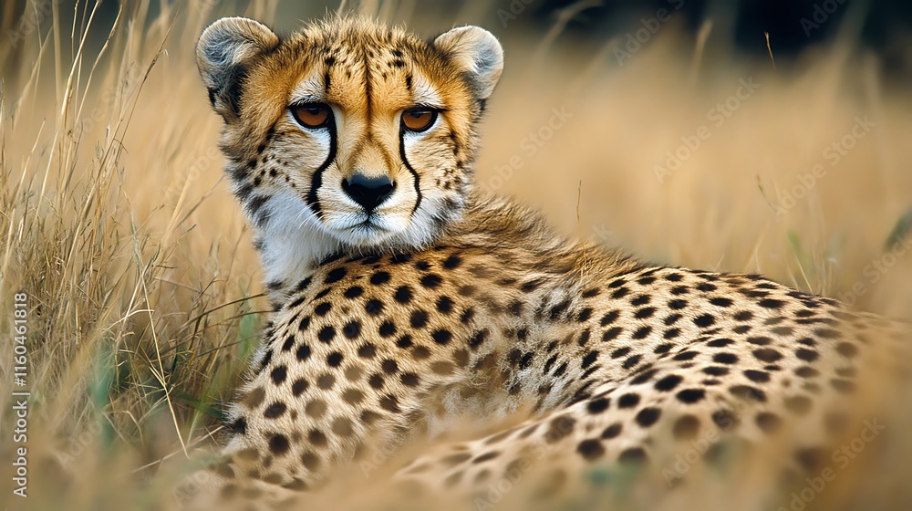 Cheetah resting in tall grass, intense gaze. Cheetah resting in tall grass, intense gaze.