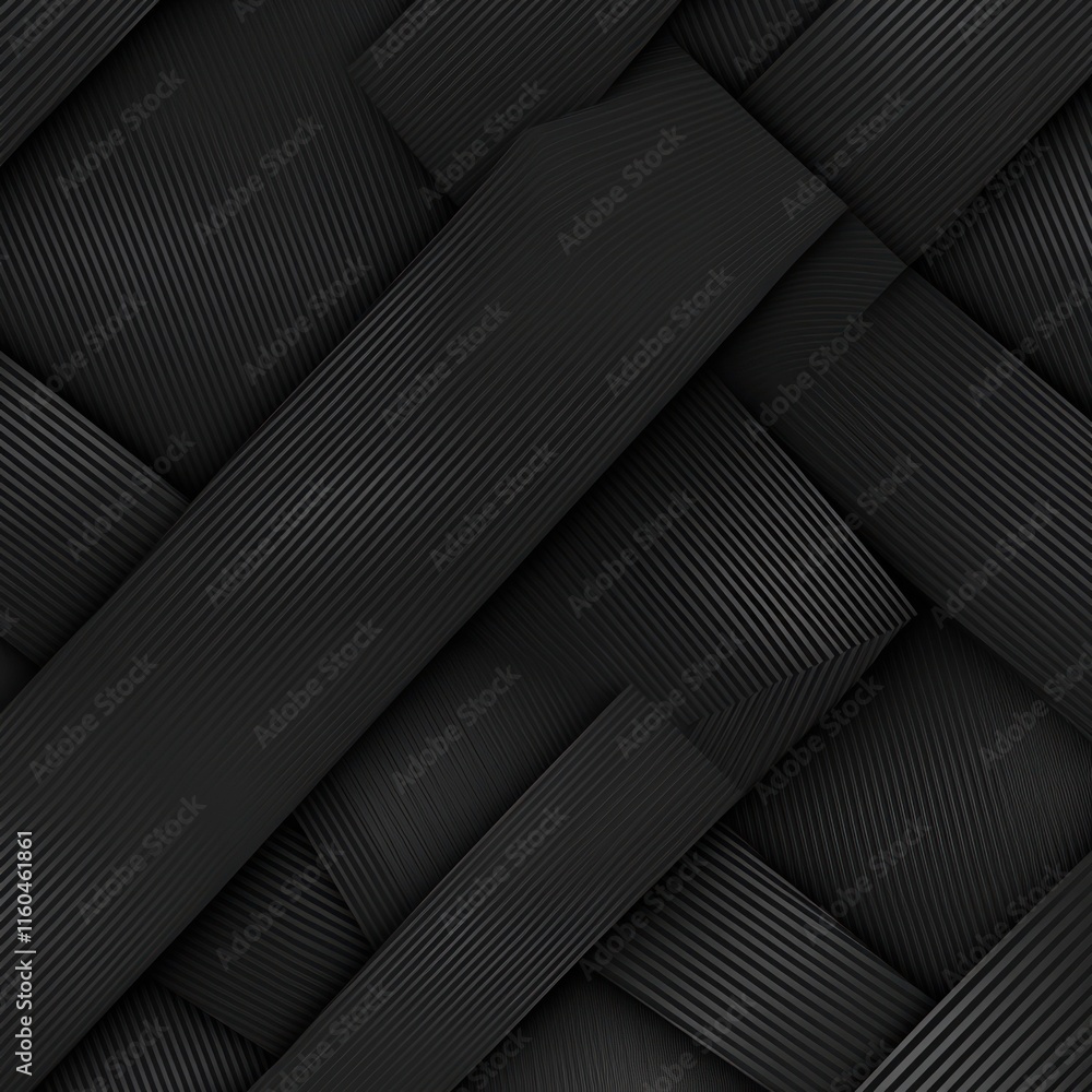 Fototapeta premium Abstract black geometric pattern with overlapping stripes and textured surfaces.