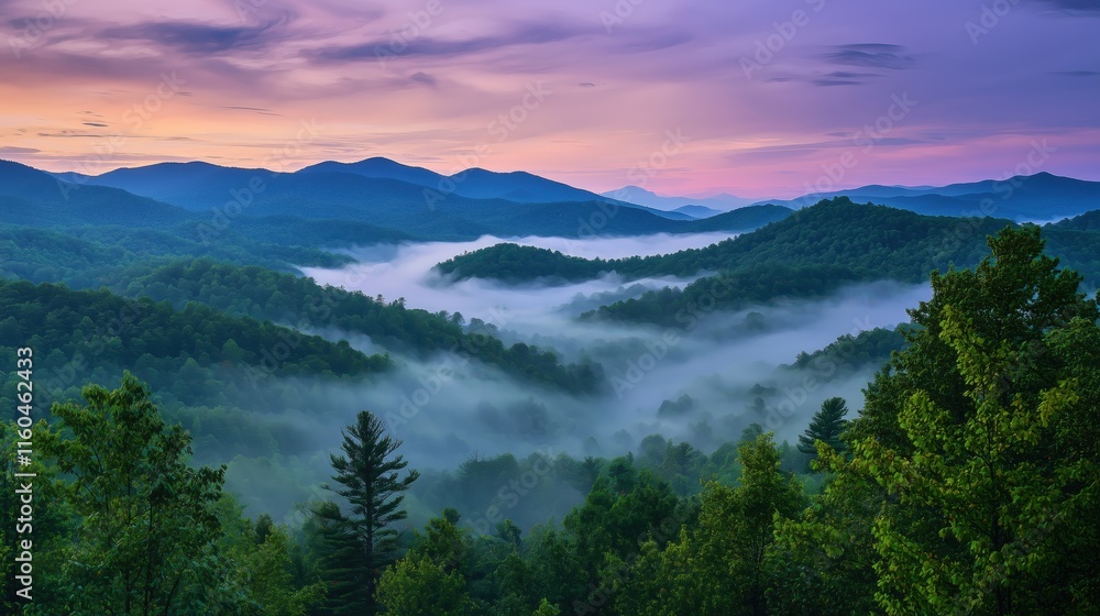 Obraz premium Early morning fog gently rolls through peaceful mountain valleys creating a mystical scene with balanced exposure and no noise artifacts --ar 16:9 --q 2