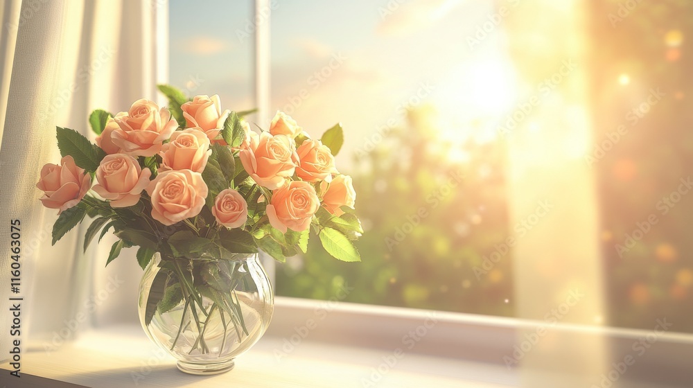 Beautiful bouquet of soft pink roses in a glass vase sitting on a windowsill, illuminated by warm, golden sunlight, creating a serene and peaceful atmosphere. Beautiful bouquet of soft pink roses in a glass vase sitting on a windowsill, illuminated by warm, golden sunlight, creating a serene and peaceful atmosphere.