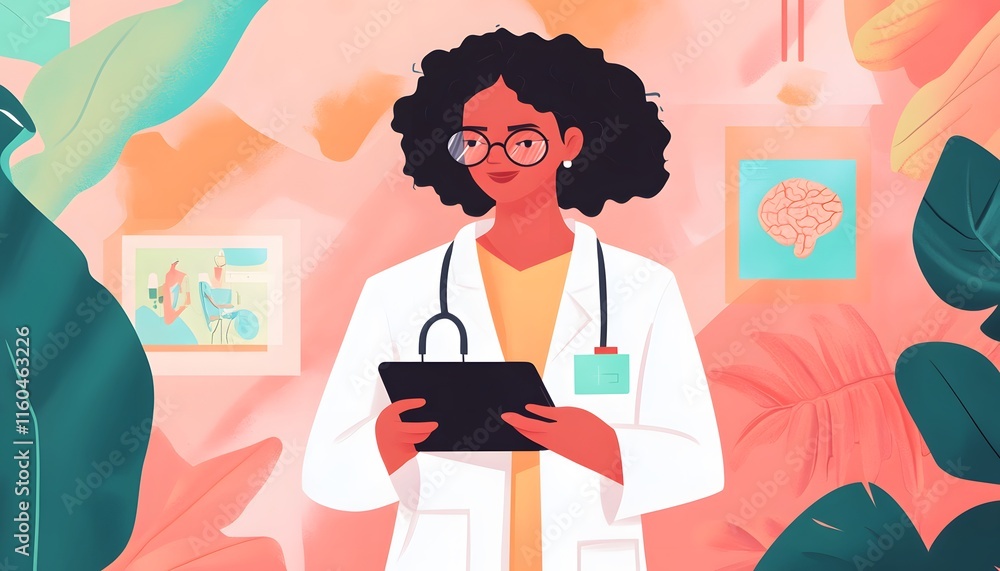 A confident female doctor stands in her vibrant clinic, ready to assist patients. Surrounded by lush plants and colorful artwork, she embodies professionalism and care. A confident female doctor stands in her vibrant clinic, ready to assist patients. Surrounded by lush plants and colorful artwork, she embodies professionalism and care.