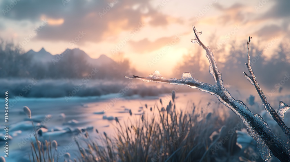 A branch encased in ice, with the surrounding landscape bathed in soft morning light on a cold winter day. A branch encased in ice, with the surrounding landscape bathed in soft morning light on a cold winter day.