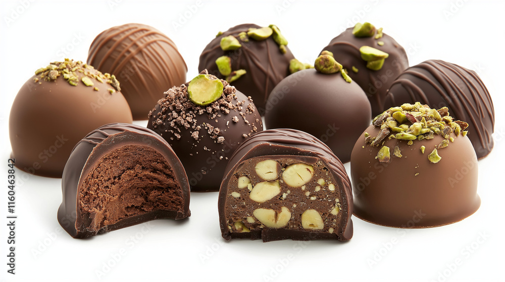 Fototapeta premium Elegant Assortment of Chocolate Truffles with Nuts and Gourmet Fillings