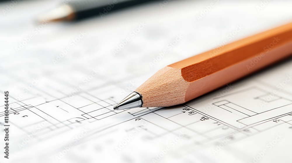 Close-up of pencil on architectural blueprints. Close-up of pencil on architectural blueprints.