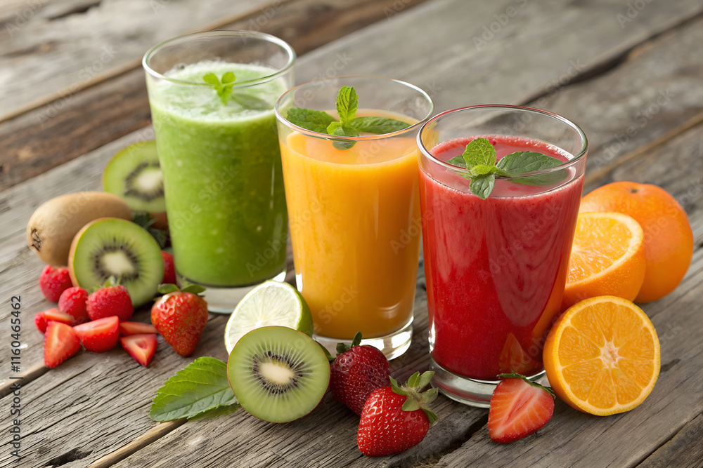 A selection of juices including kiwi, kiwi, and orange juice A selection of juices including kiwi, kiwi, and orange juice