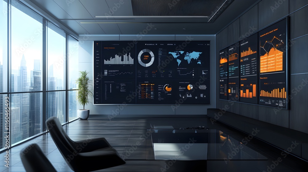 Obraz premium A modern conference room featuring a large screen displaying data analytics, surrounded by sleek furniture and a panoramic city view, ideal for professional meetings.