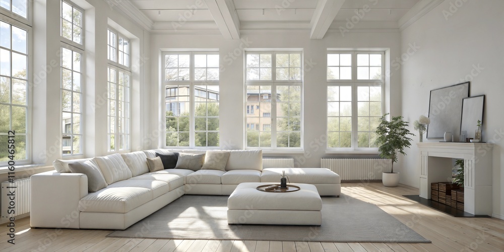 Fototapeta premium Minimalist, scandinavian home interior design of modern living room with oversized white sectional sofa in spacious room with large windows.