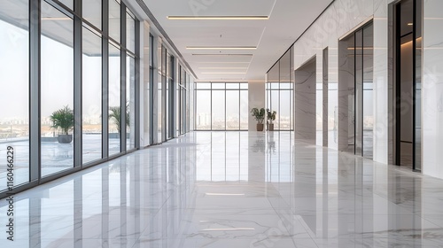 Corporate office under construction with elegant marble floors and glass partitions, modern lighting being installed, workers busy, late afternoon