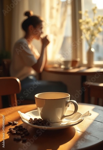 Café scene featuring a close-up of a rustic wooden table, where a coffee cup photo