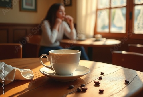 Café scene featuring a close-up of a rustic wooden table, where a coffee cup photo