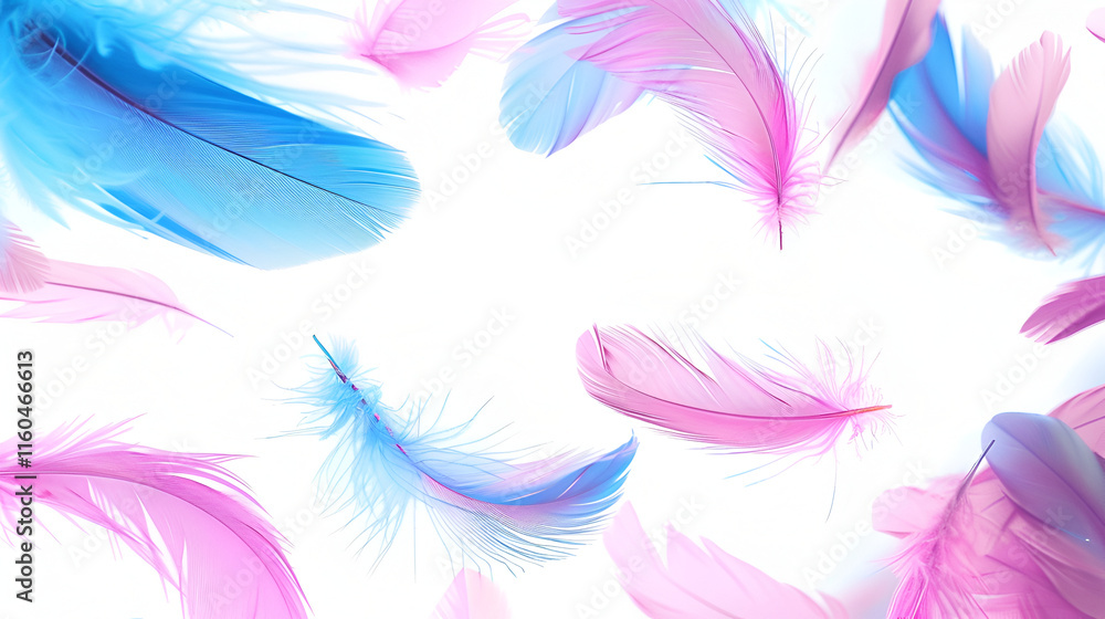 a collection of soft, colorful feathers in pastel hues such as blue, purple, and pink The feathers are arranged against a clean, white background, creating a light and dreamy aesthetic a collection of soft, colorful feathers in pastel hues such as blue, purple, and pink The feathers are arranged against a clean, white background, creating a light and dreamy aesthetic