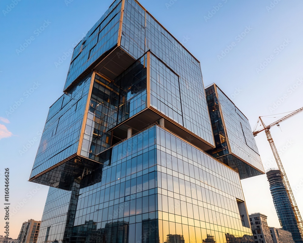Corporate office tower under construction, glass and steel exterior, workers installing highend materials, cranes in the background, early morning sun Corporate office tower under construction, glass and steel exterior, workers installing highend materials, cranes in the background, early morning sun