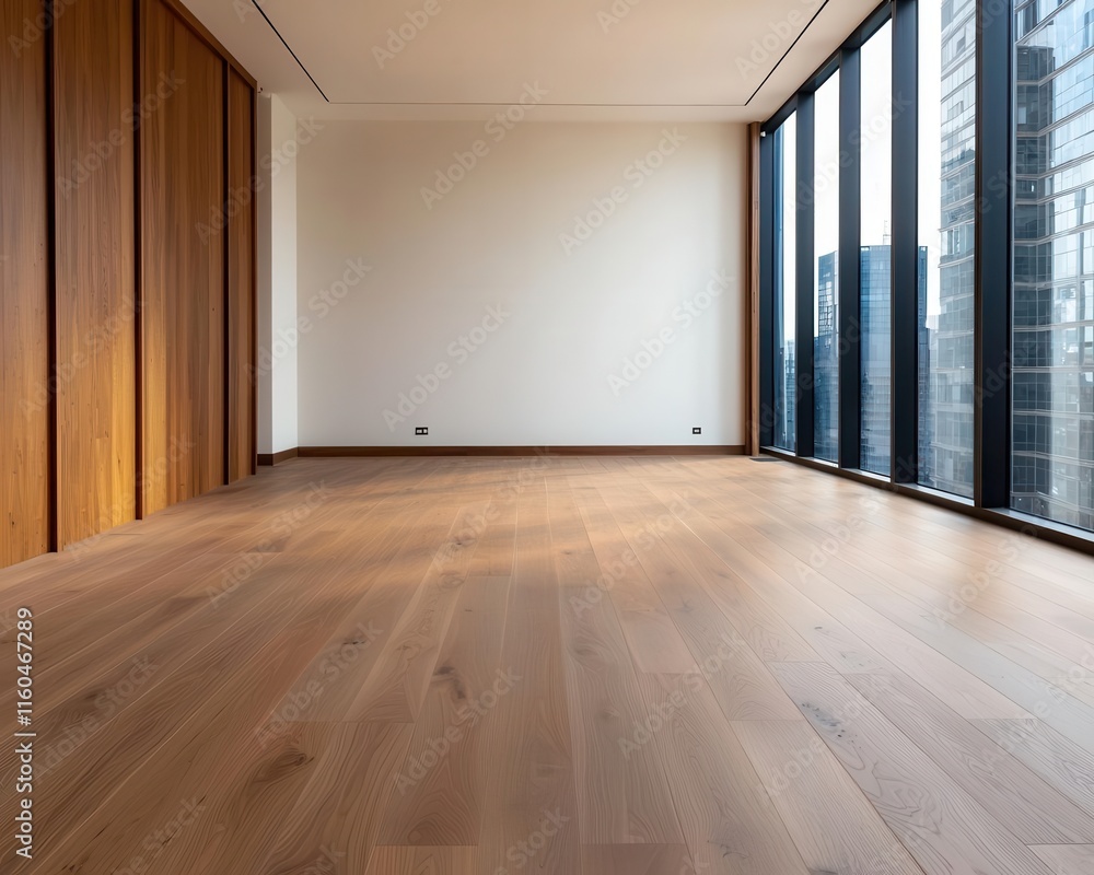 Obraz premium Executive office suite under construction, luxury wood paneling and floortoceiling windows being installed, sophisticated design, late afternoon