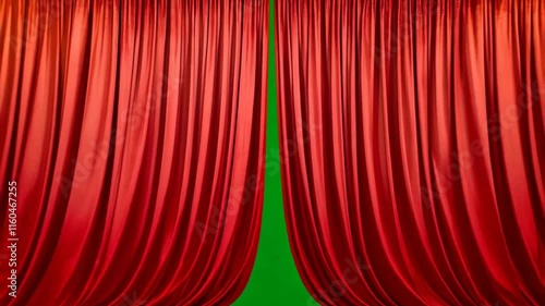 Red curtains closing against a green screen chroma key background. Velvet luxury stage/theatre/concert curtain. Elegant awards entrance fabric blinds transition. Theatrical curtain motion graphics.