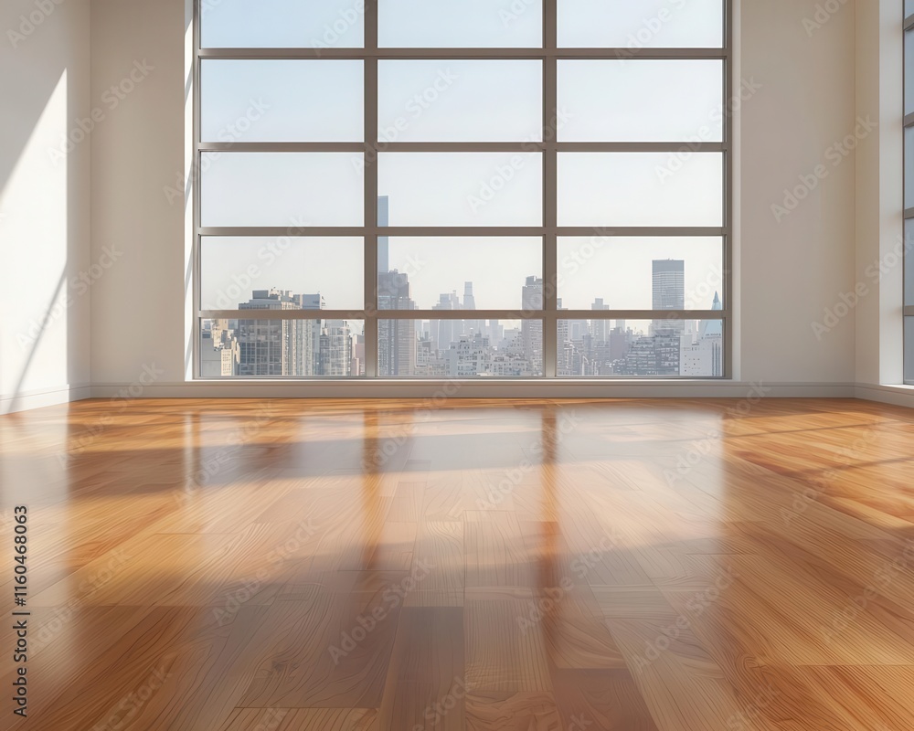 Openplan executive office space with polished wood floors and glass walls under construction, panoramic city views, warm midday light Openplan executive office space with polished wood floors and glass walls under construction, panoramic city views, warm midday light