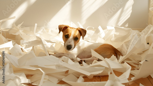 Cheerful festive dog, Jack Russell Terrier celebration, dog in orange glasses, colorful collar on dog, vibrant festive scene, playful dressed-up dog, happy celebration dog, festive Jack Russell Terrie