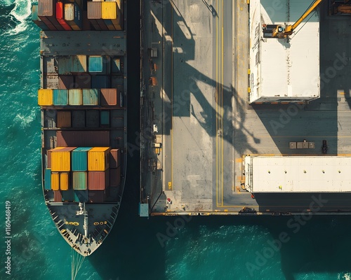 An aerial view of a cargo ship unloading colorful containers at a bustling port