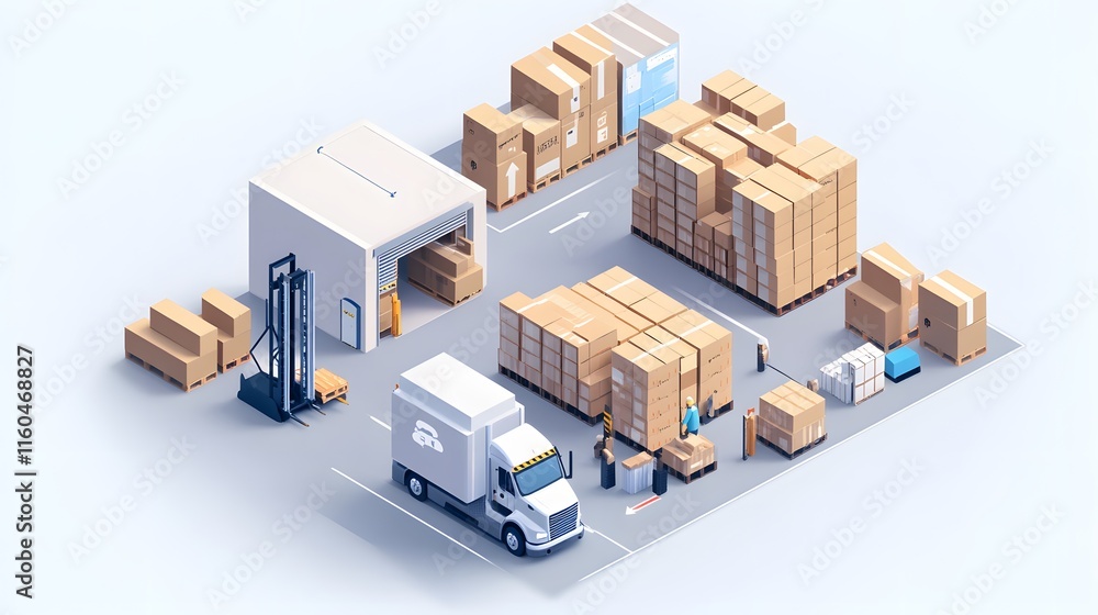 An isometric view of a busy warehouse loading area with stacked boxes, a forklift, and delivery truck, illustrating logistics and supply chain operations in a clean, modern design. An isometric view of a busy warehouse loading area with stacked boxes, a forklift, and delivery truck, illustrating logistics and supply chain operations in a clean, modern design.