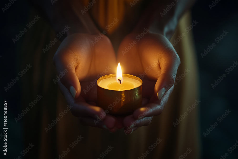 Hands Holding a Burning Candle, Symbol of Hope and Serenity Hands Holding a Burning Candle, Symbol of Hope and Serenity