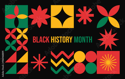 Abstract flat geometric background for 
Black History Month celebration poster, 
banner, card, vector, pattern, template design 
with modern simple shape of stars, 
flowers, colors, icon