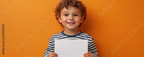 A playful four-year-old boy with a striped shirt, clutching a blank white canvas sheet, soft orange background, contagious grin.